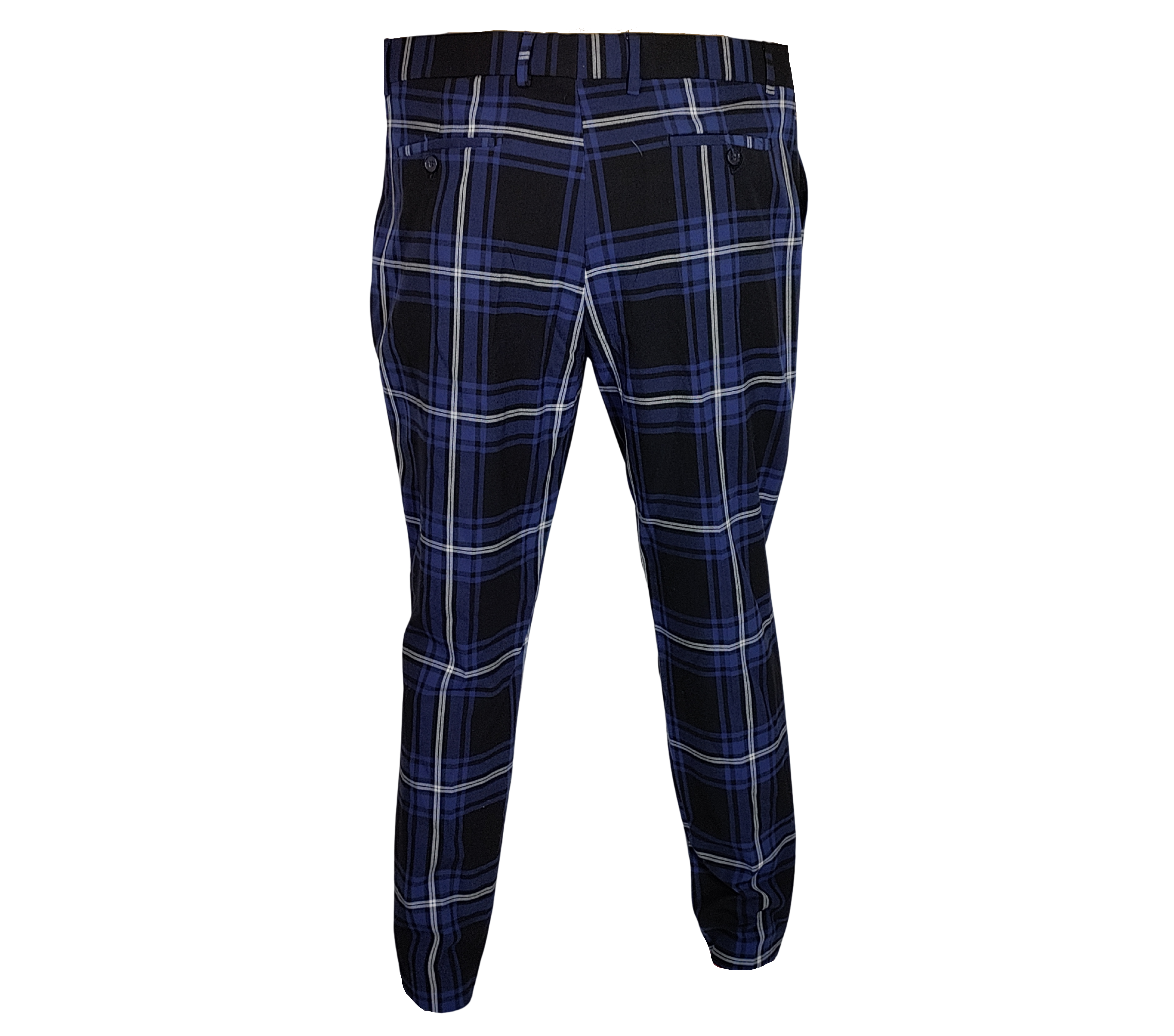 Blue plaid pants on a white background